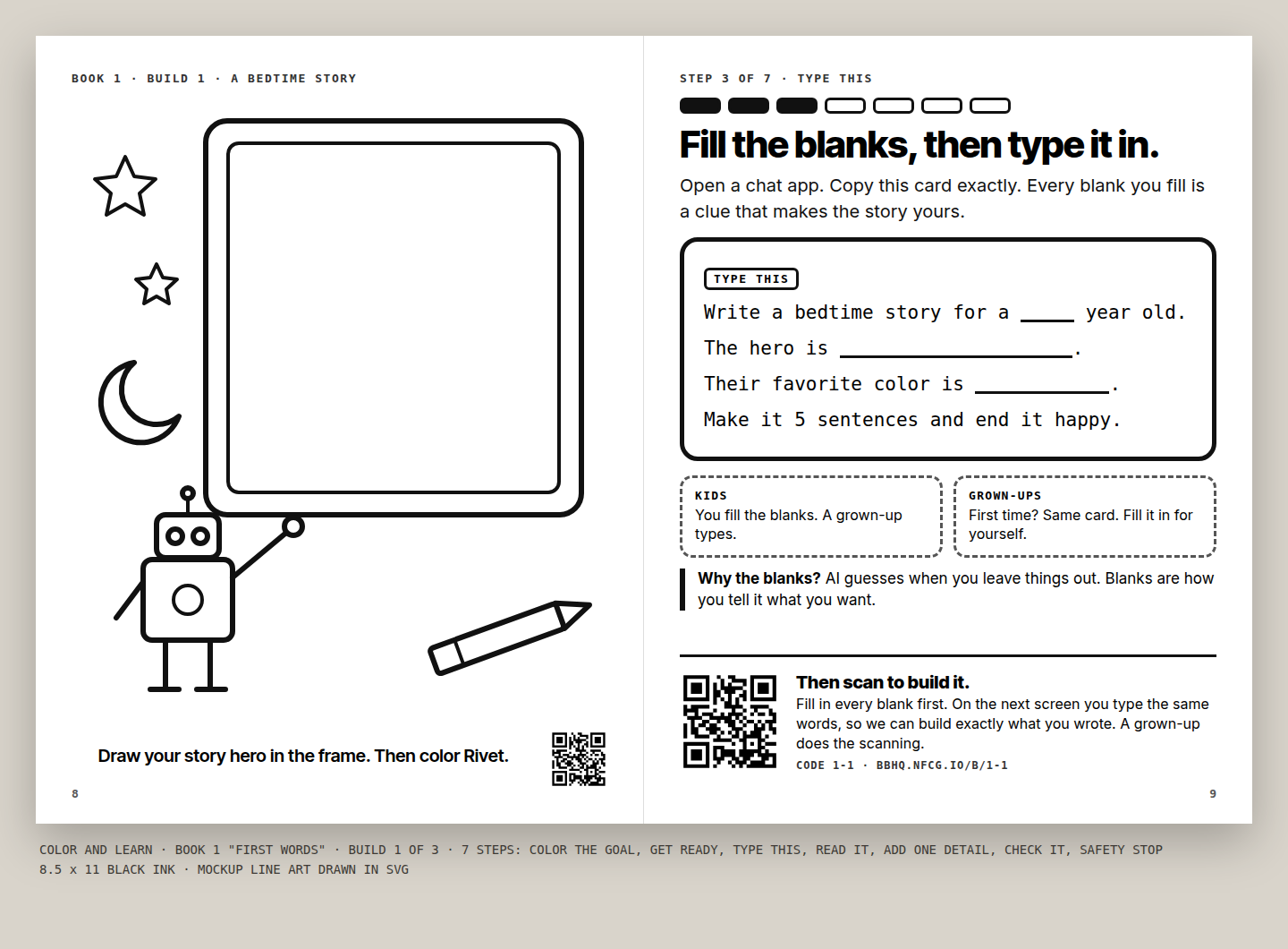 Coloring book spread with a fill-in-the-blanks prompt card and a QR code