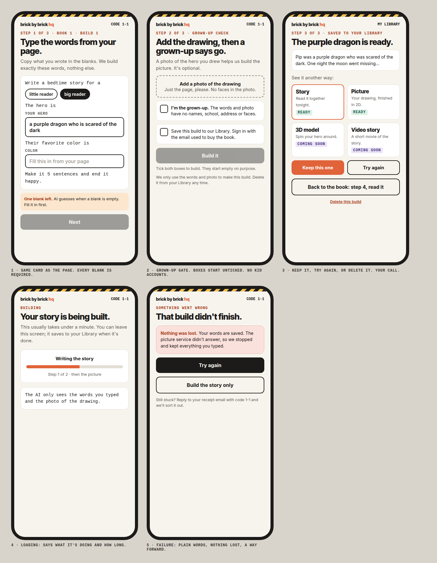 Phone screens: type the words from your page, grown-up check, saved build with story and picture